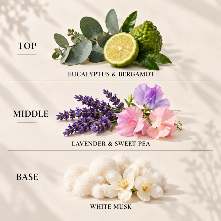 Pyjama Time reed diffuser refill top, middle and base fragrance notes