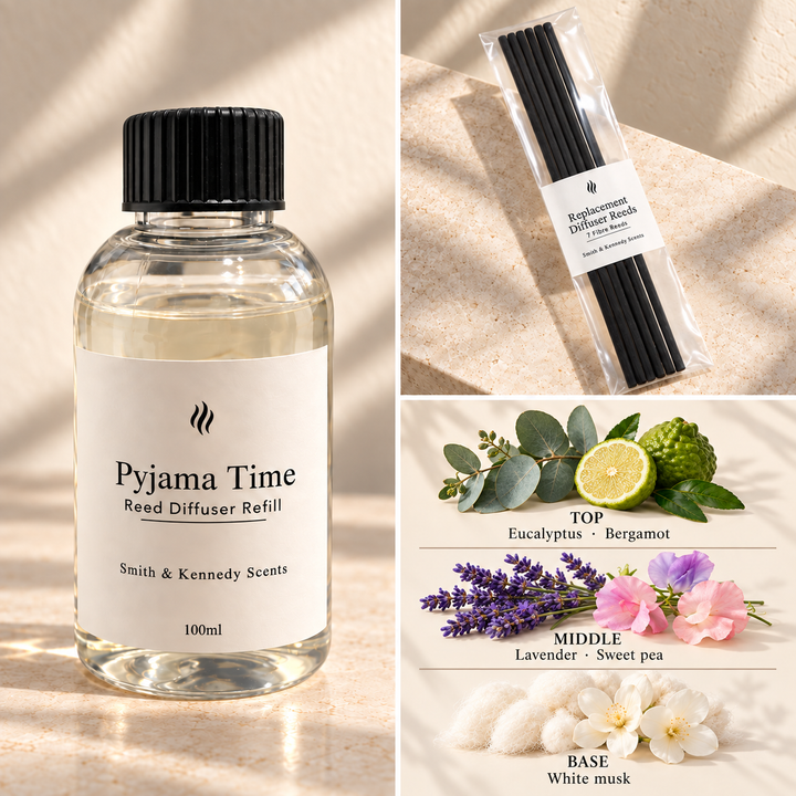 Pyjama Time 100ml reed diffuser refill bottle, included pack of 7 fibre reeds and fragrance notes