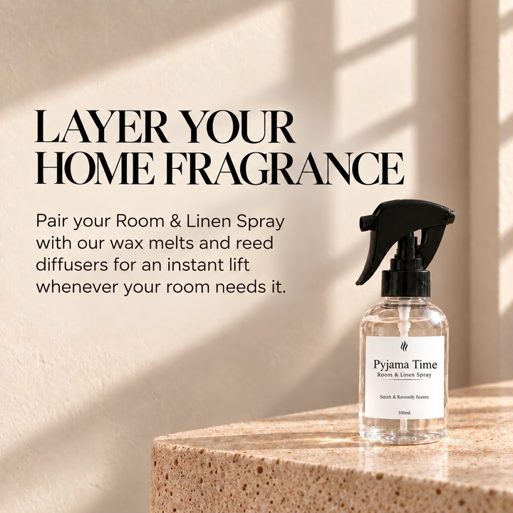 Layer your home fragrance with Pyjama Time Room &amp; Linen Spray, wax melts and reed diffusers