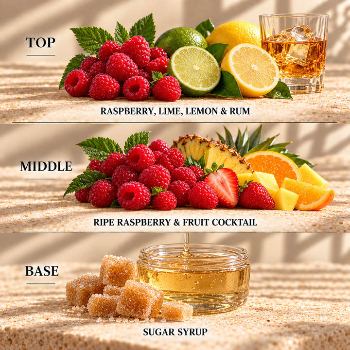Top, middle and base scent notes for Raspberry Daiquiri fruity inspired wax melt by Smith &amp; Kennedy Scents