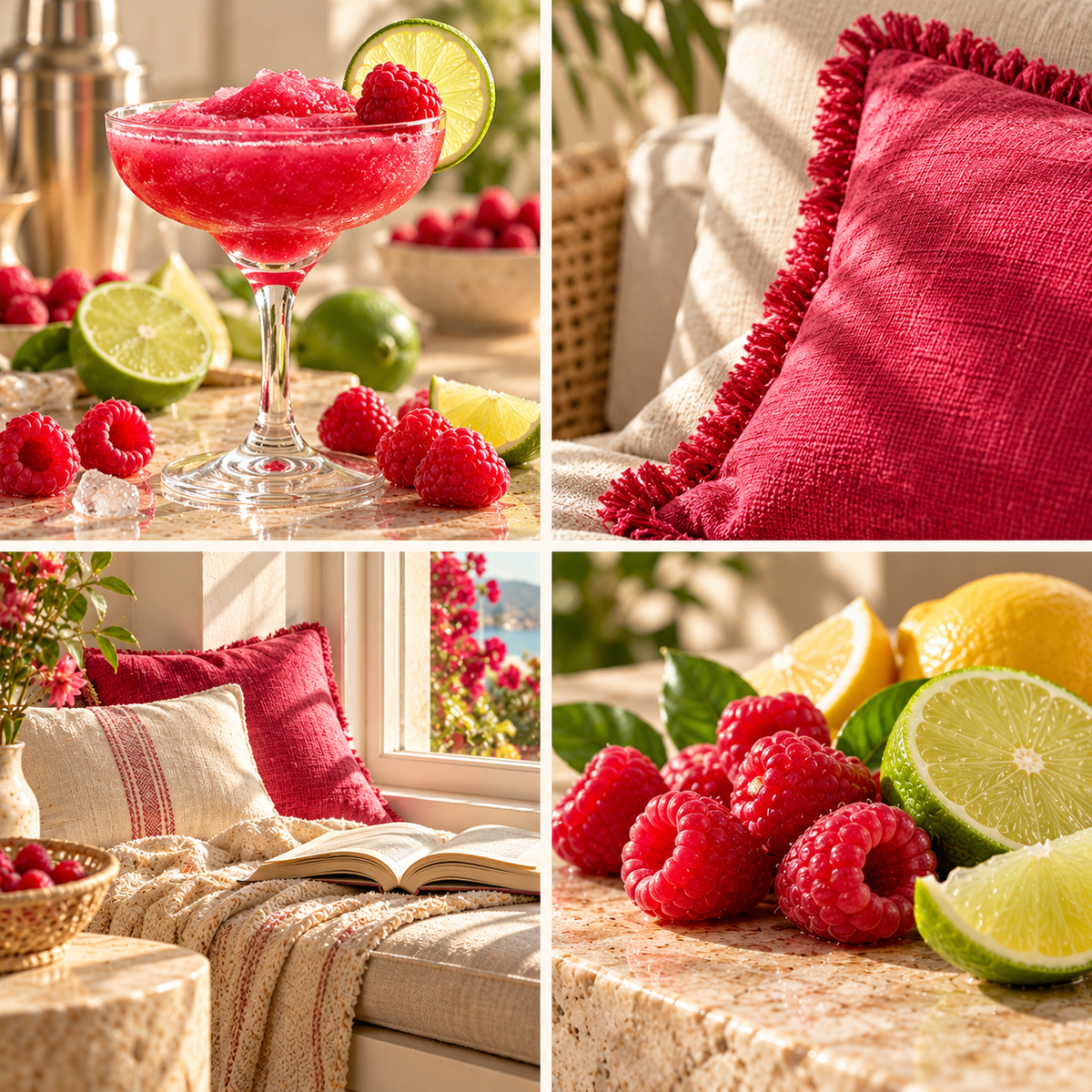 Raspberry Daiquiri wax melt mood board with a raspberry daiquiri, red cushions, fresh raspberries and lime.