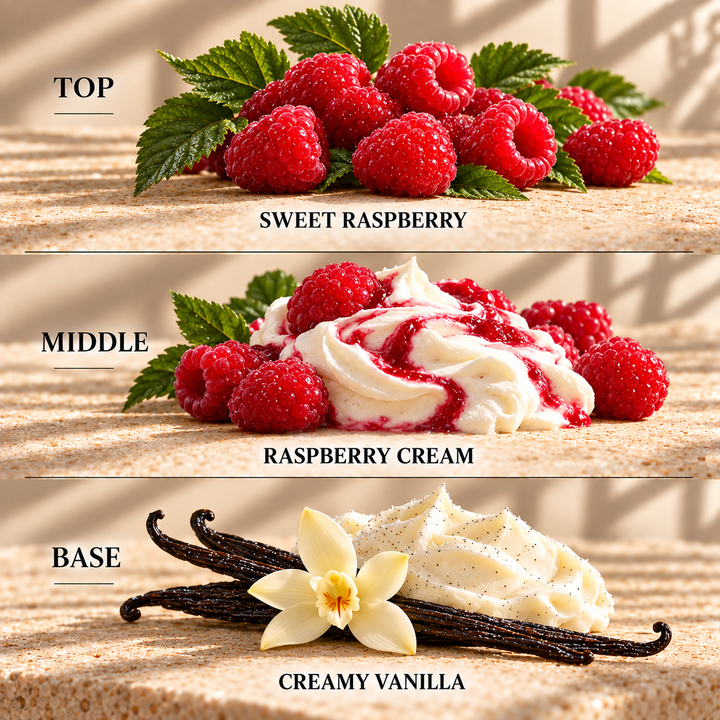 Top, middle and base scent notes for Raspberry Ripple sweet inspired wax melt by Smith &amp; Kennedy Scents