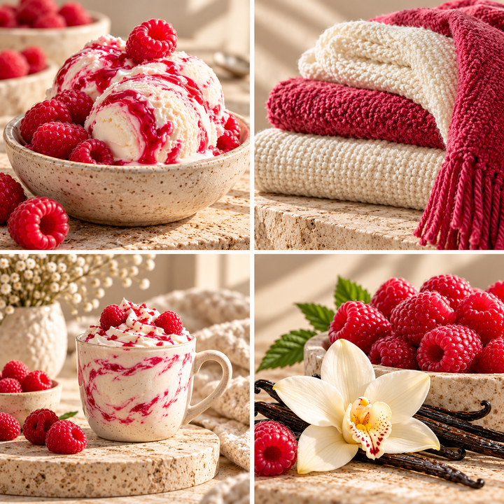 Raspberry Ripple wax melt mood board with raspberry ripple ice cream, red and ivory textiles and vanilla.