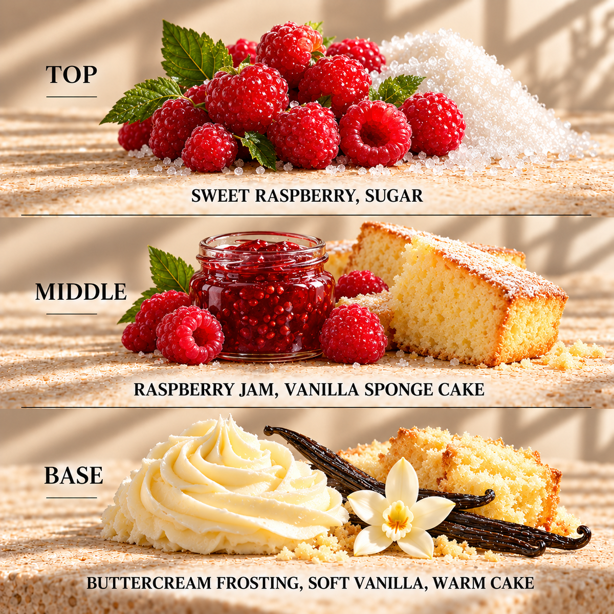 Top, middle and base scent notes for Raspberry & Vanilla Cake bakery inspired wax melt by Smith & Kennedy Scents