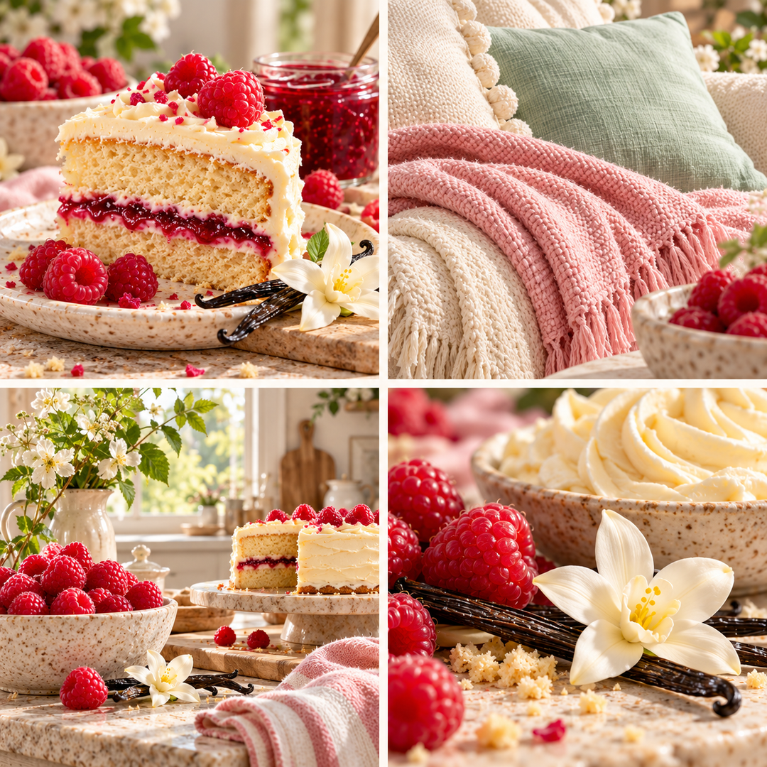 Raspberry &amp; Vanilla Cake wax melt mood board with raspberry vanilla cake, soft pink fabric and cream frosting.