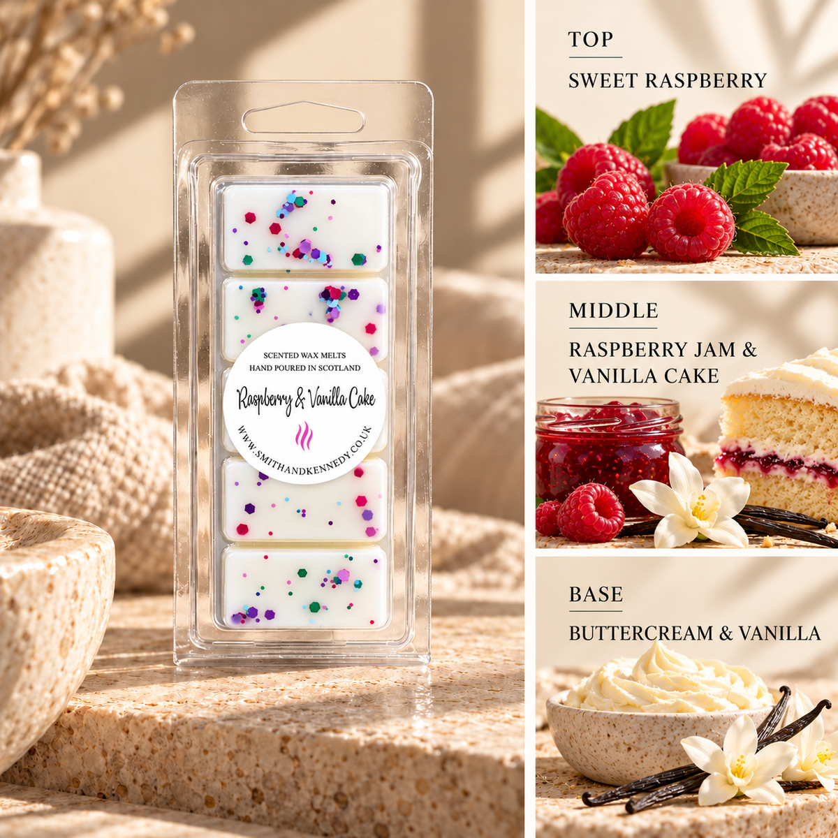 Raspberry & Vanilla Cake bakery inspired wax melt snap bar by Smith & Kennedy Scents
