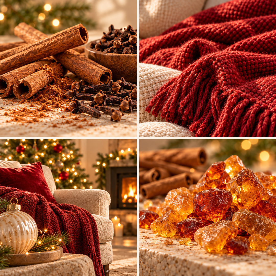 Red Hot Cinnamon Christmas wax melt mood board with cinnamon, cloves, rich red knitwear and a cosy fireside corner.