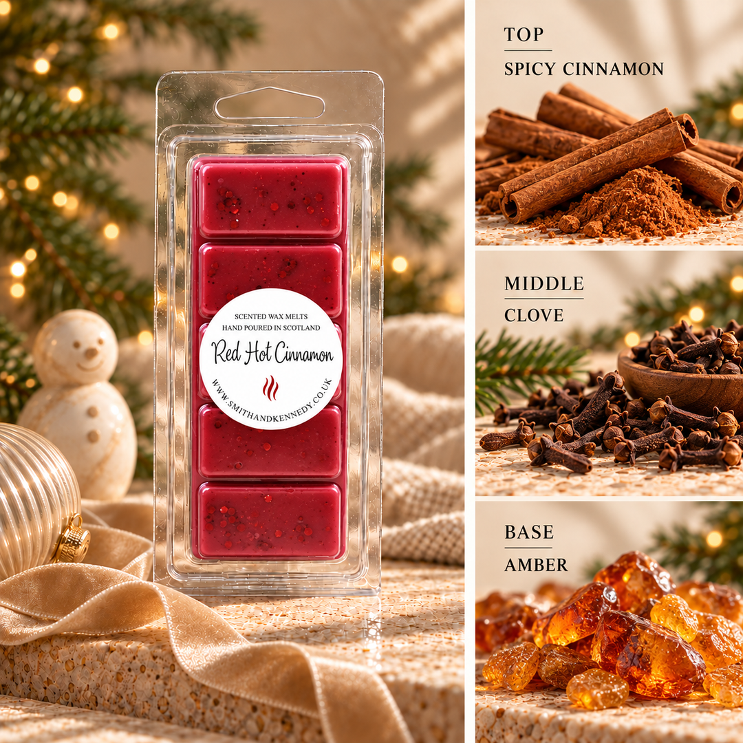 Red Hot Cinnamon Christmas wax melt snap bar by Smith &amp; Kennedy Scents with festive styling and fragrance notes