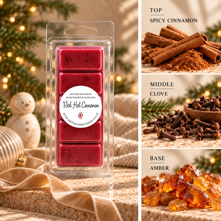 Red Hot Cinnamon Christmas wax melt snap bar by Smith &amp; Kennedy Scents with festive styling and fragrance notes
