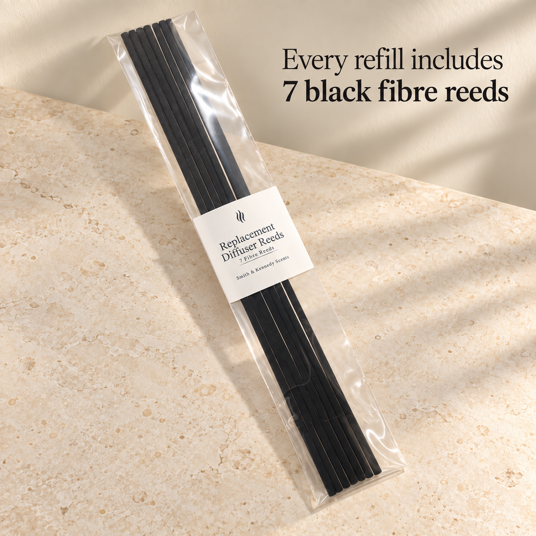 Every reed diffuser refill includes seven black fibre reeds in a sealed sleeve