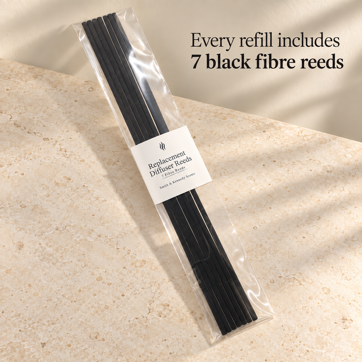 Every reed diffuser refill includes seven black fibre reeds in a sealed sleeve