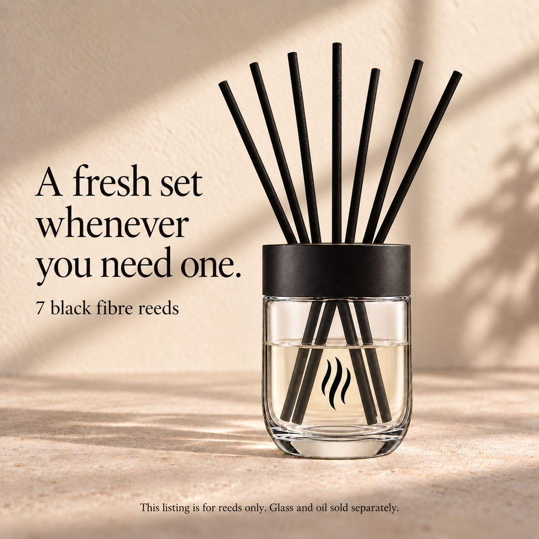 7 black fibre replacement reeds shown in a reusable diffuser glass; glass and oil sold separately