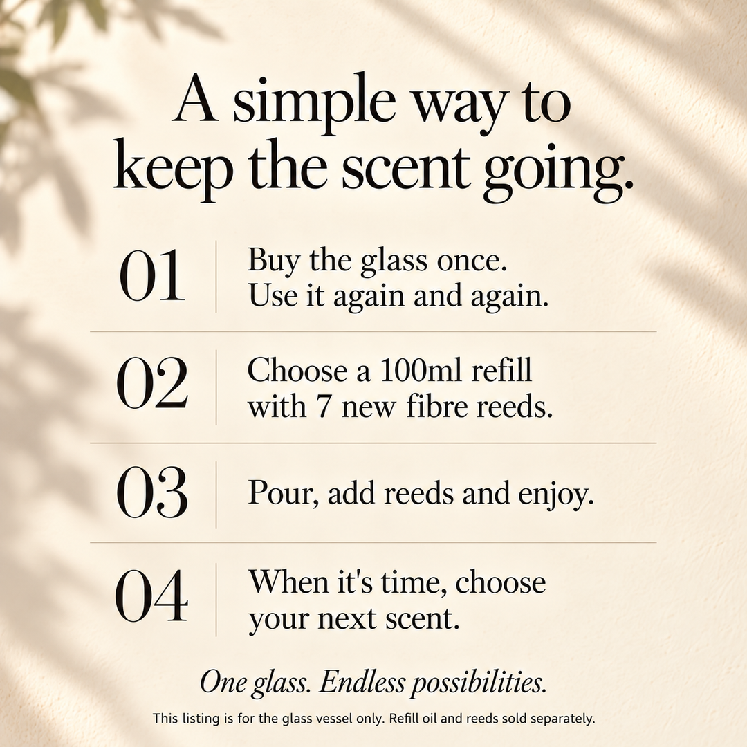 Four steps: buy the glass, choose a refill with seven new reeds, pour and enjoy, then choose a new scent