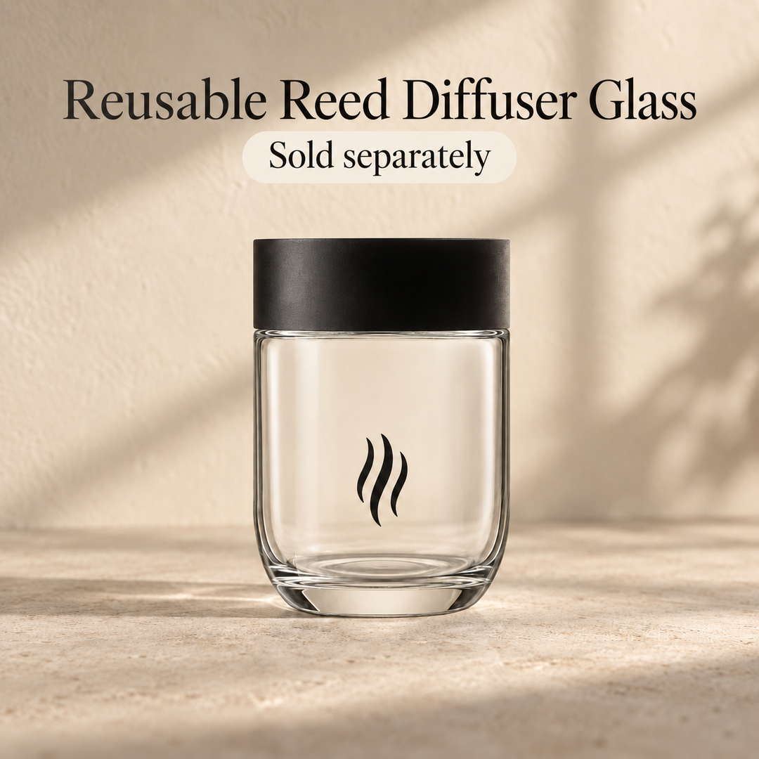 Reusable reed diffuser glass with black SKS flame, sold separately