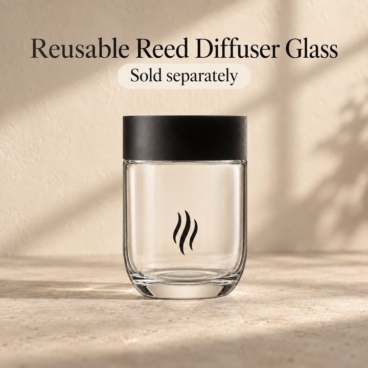 Reusable reed diffuser glass with black SKS flame, sold separately