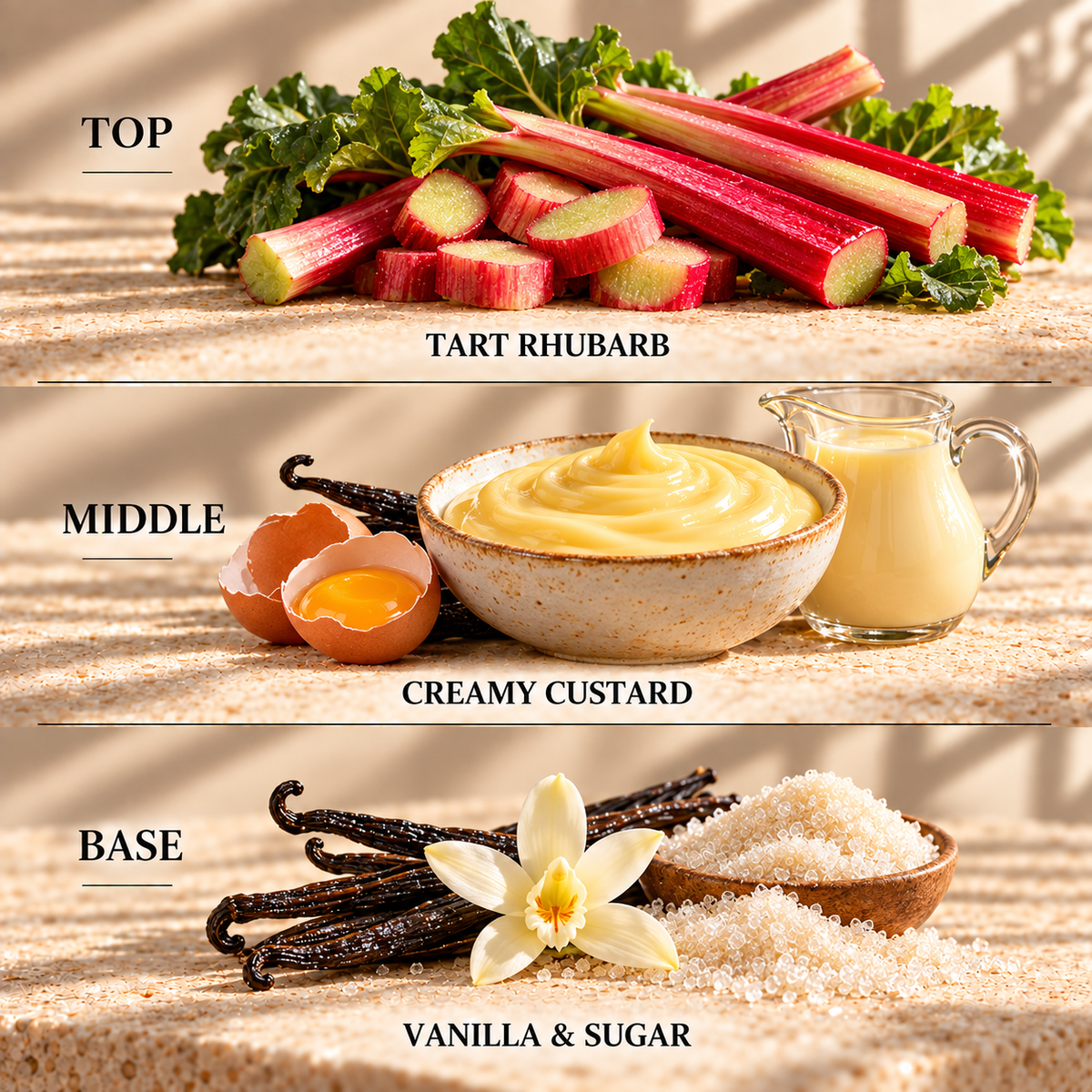 Top, middle and base scent notes for Rhubarb & Custard sweet inspired wax melt by Smith & Kennedy Scents