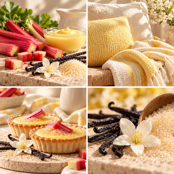 Rhubarb &amp; Custard wax melt mood board with rhubarb, custard tarts, yellow woven fabric and vanilla.
