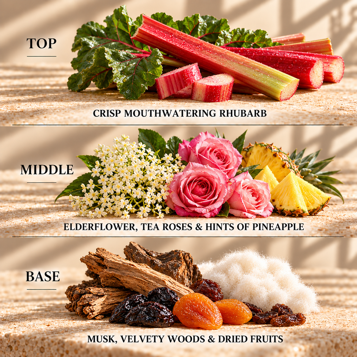 Top, middle and base scent notes for Rhubarb & Rose floral inspired wax melt by Smith & Kennedy Scents