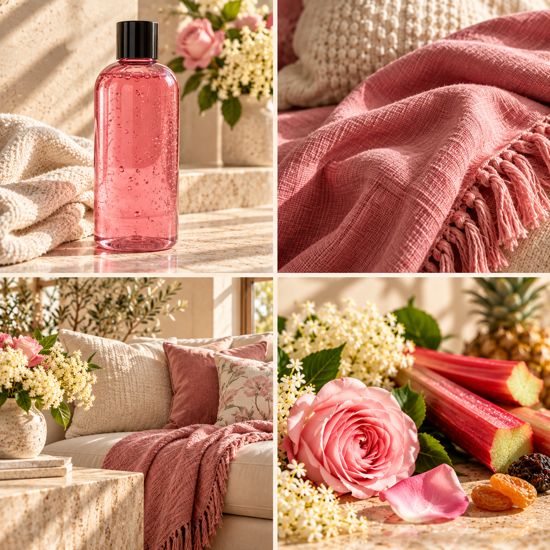 Rhubarb &amp; Rose wax melt mood board with a pink shower gel bottle, rhubarb, roses and rose-coloured linen.