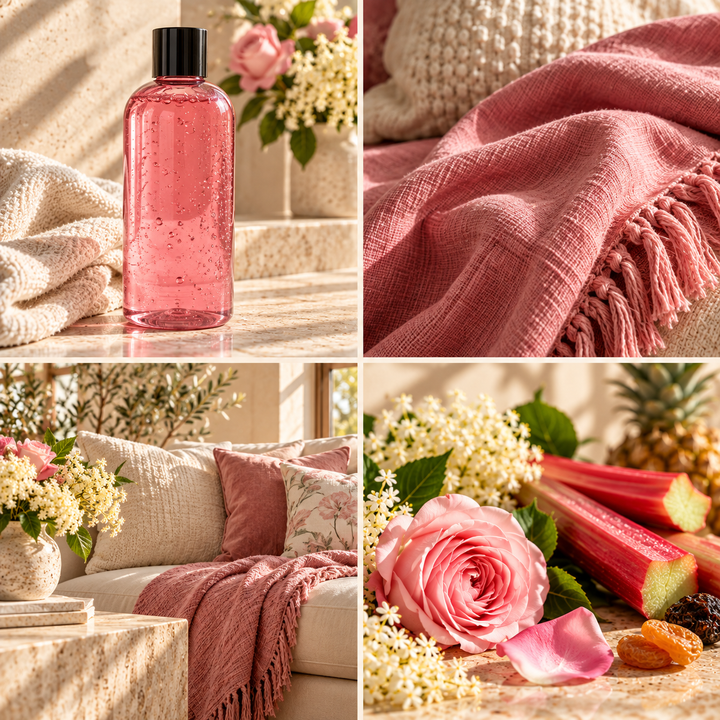 Rhubarb &amp; Rose wax melt mood board with a pink shower gel bottle, rhubarb, roses and rose-coloured linen.