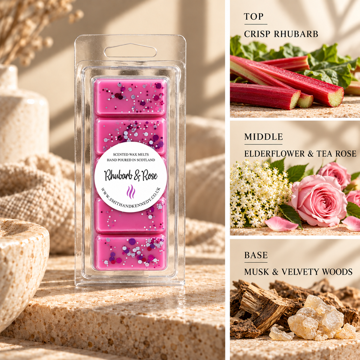 Rhubarb & Rose floral inspired wax melt snap bar by Smith & Kennedy Scents