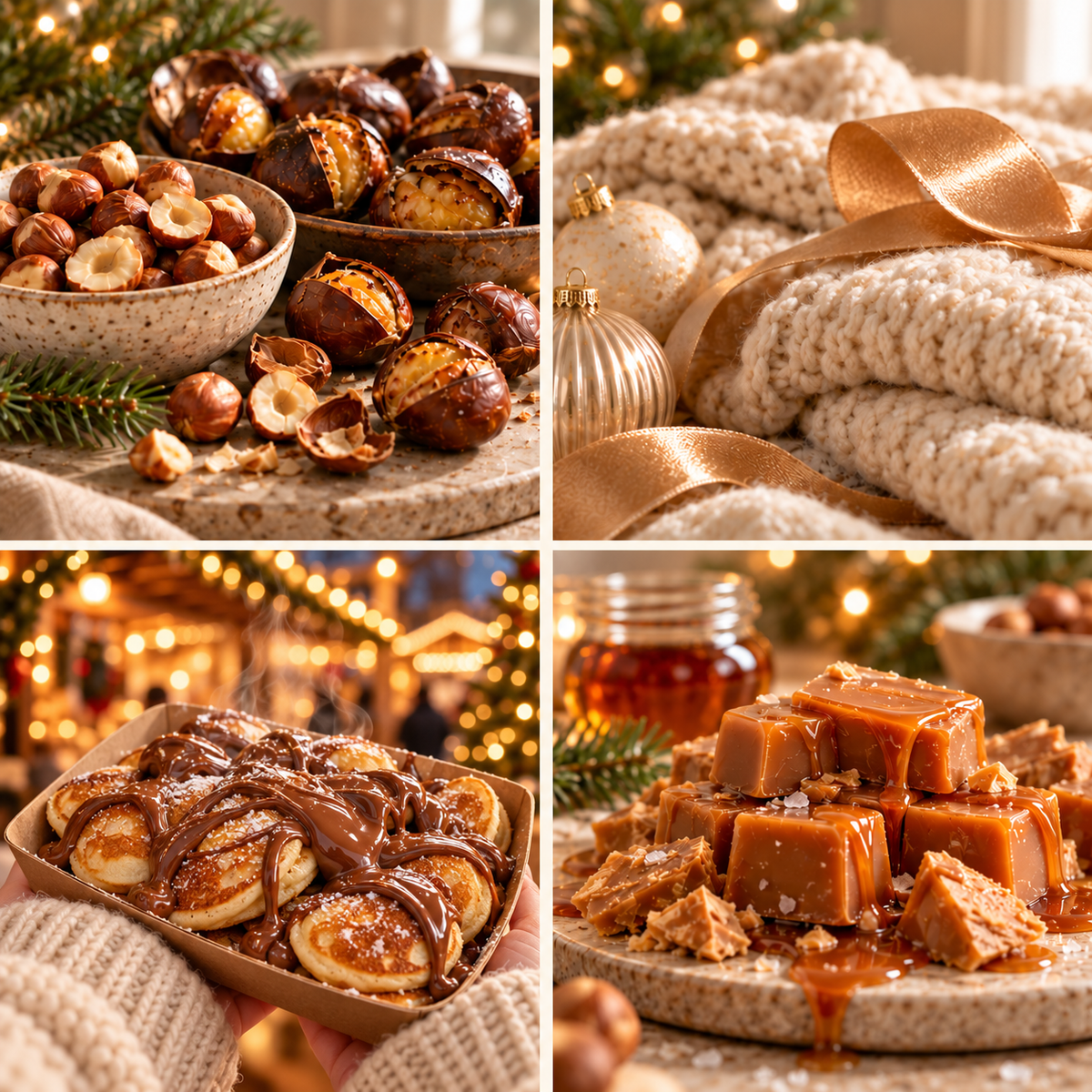 Roasted Chestnut & Caramel Christmas moodboard with roasted nuts, cream knitwear, caramel and mini pancakes covered in warm hazelnut chocolate at a twinkling Christmas market.