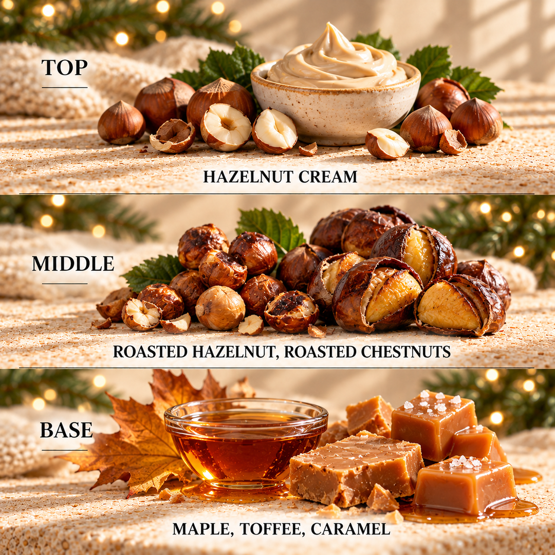Roasted Chestnut &amp; Caramel fragrance notes: top Hazelnut Cream; middle Roasted Hazelnut, Roasted Chestnuts; base Maple, Toffee, Caramel