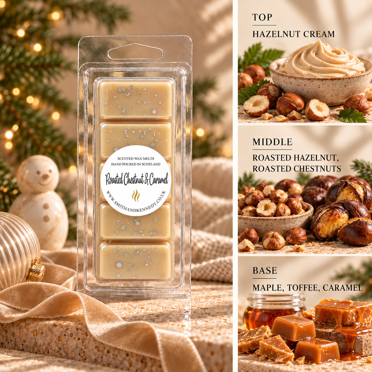 Roasted Chestnut & Caramel Christmas wax melt snap bar by Smith & Kennedy Scents with festive styling and fragrance notes