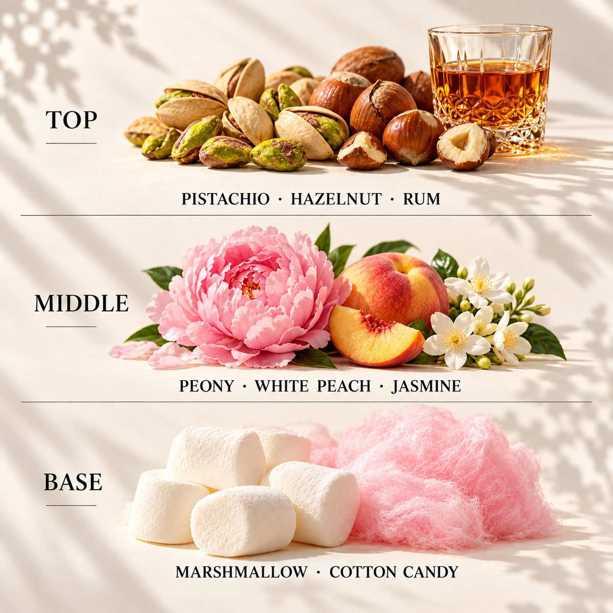 Top, middle and base scent notes for Roasted Pistachio & Marshmallow autumn inspired wax melt by Smith & Kennedy Scents