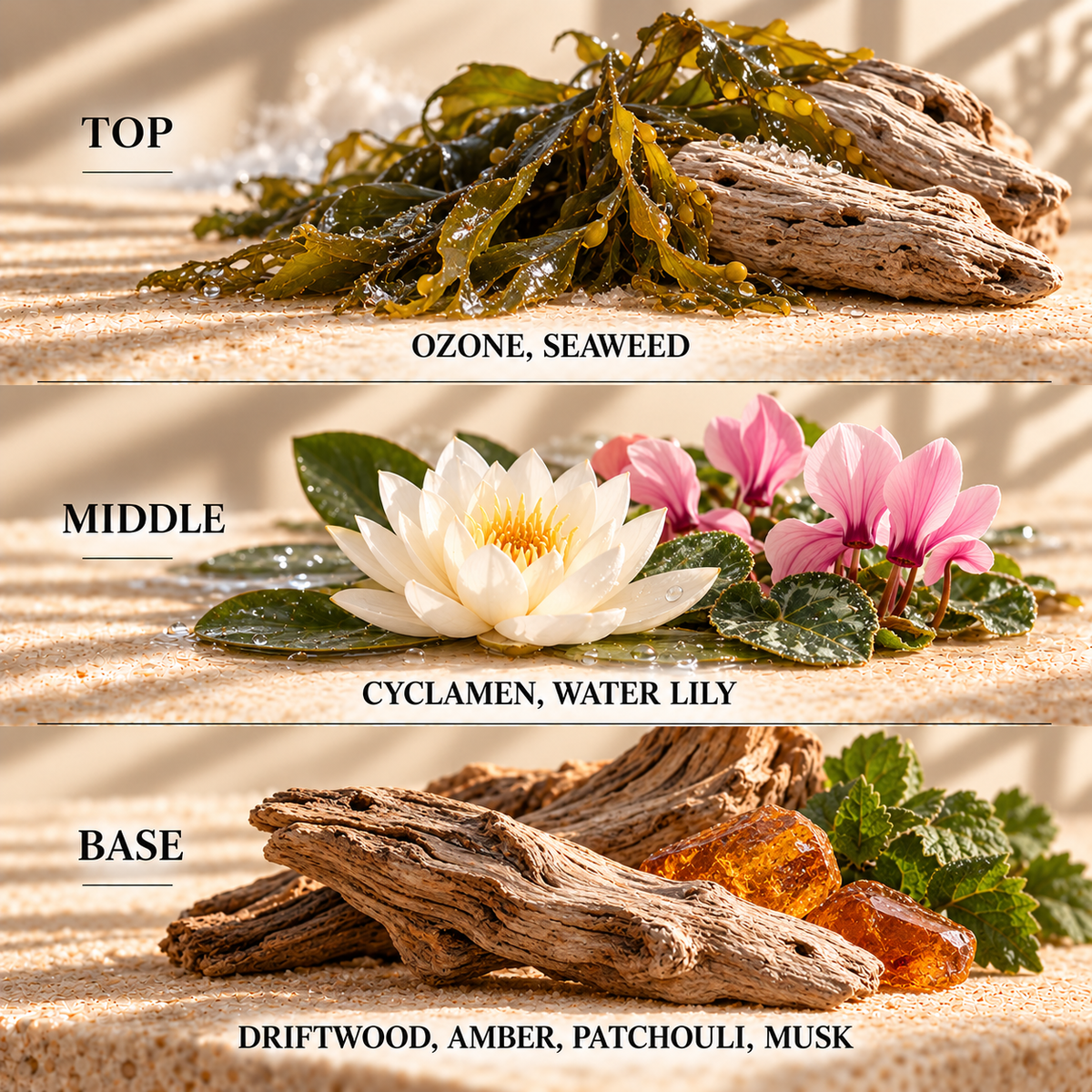 Top, middle and base scent notes for Rock Salt & Driftwood marine scented wax melt by Smith & Kennedy Scents
