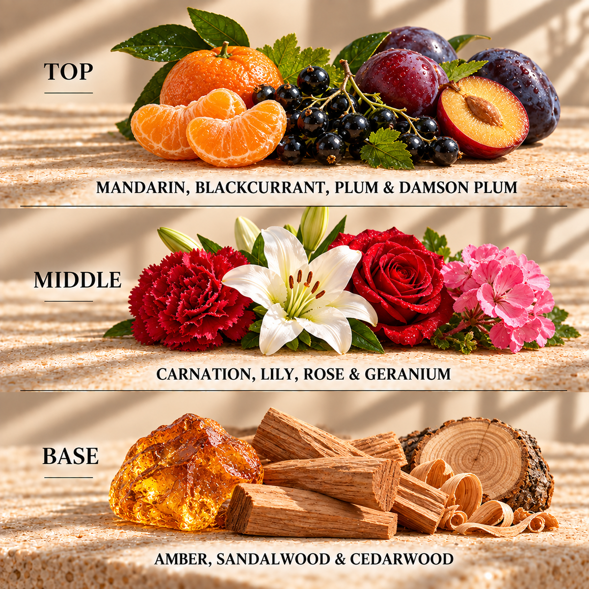 Top, middle and base scent notes for Rose Petal & Sandalwood floral inspired wax melt by Smith & Kennedy Scents
