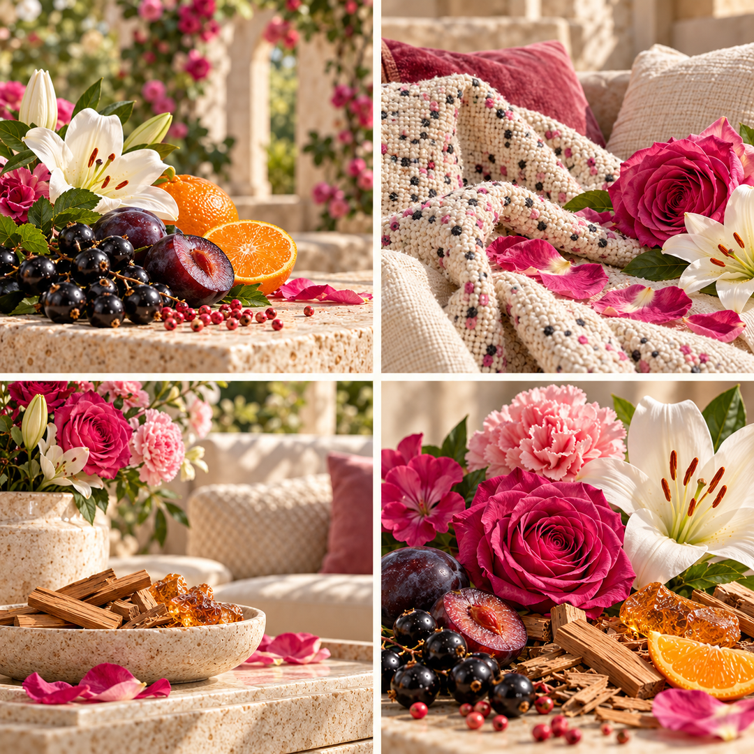 Rose Petal &amp; Sandalwood wax melt mood board with roses, soft woven fabric, dark fruit and sandalwood.