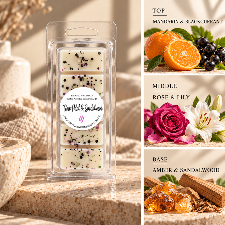 Rose Petal &amp; Sandalwood floral inspired wax melt snap bar by Smith &amp; Kennedy Scents