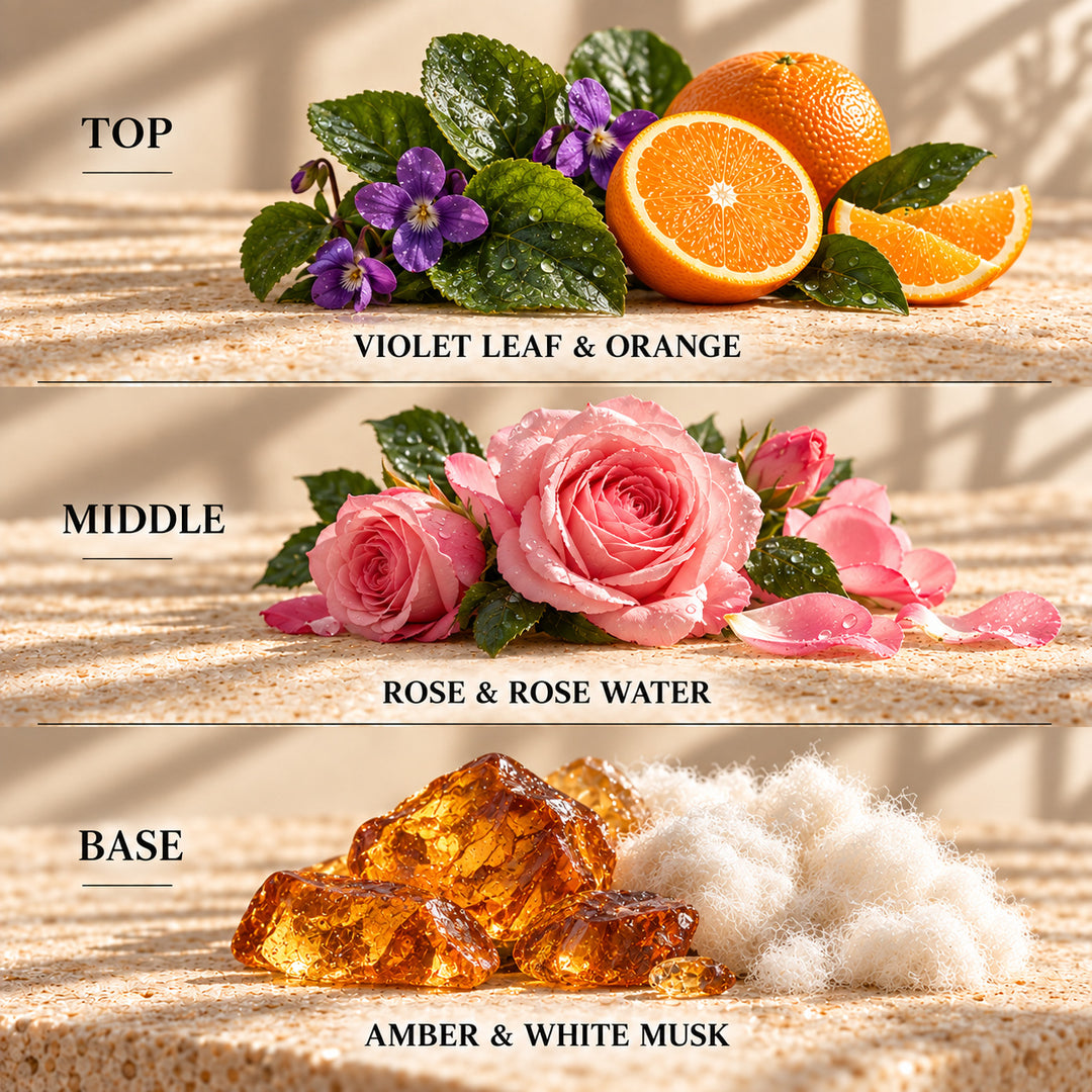 Top, middle and base scent notes for Rose Wonderland laundry inspired wax melt by Smith &amp; Kennedy Scents