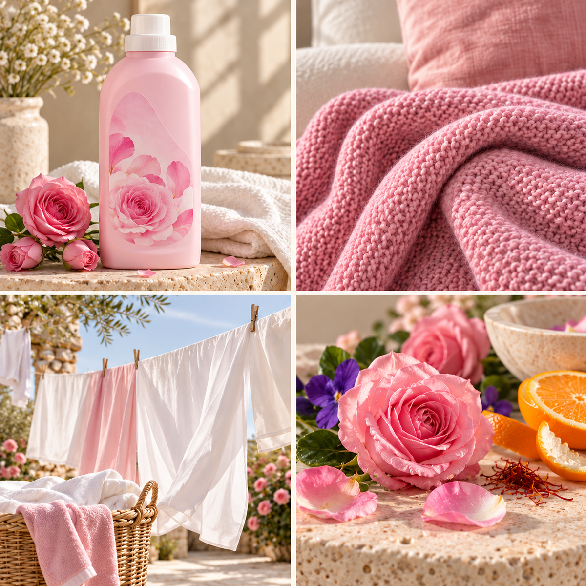 Rose Wonderland wax melt mood board with a pink fabric conditioner bottle, roses and soft pink linen.