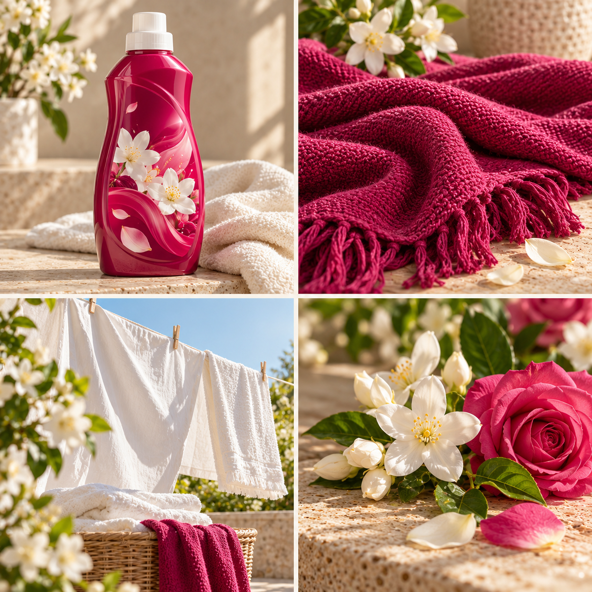 Ruby & Jasmine wax melt mood board with a ruby fabric conditioner bottle, jasmine and coordinated fabrics.