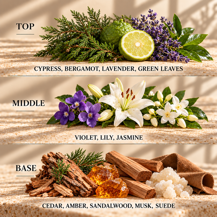 Top, middle and base scent notes for Santal 33 perfume inspired wax melt by Smith &amp; Kennedy Scents