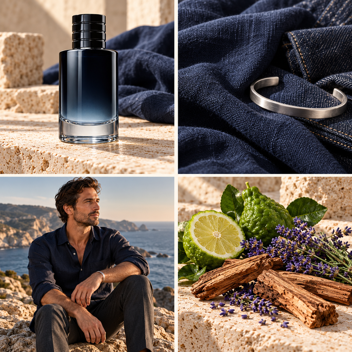 Sauvage aftershave inspired wax melt mood board with bergamot, lavender and woods, coordinated fabrics and men's styling by Smith & Kennedy Scents.