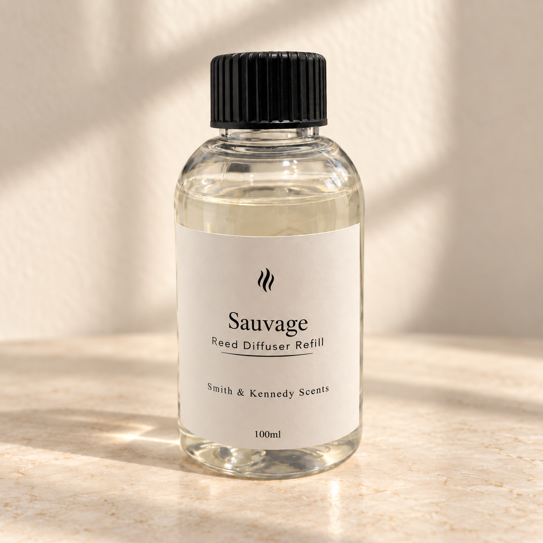 Sauvage 100ml reed diffuser refill bottle with black screw cap and portrait label
