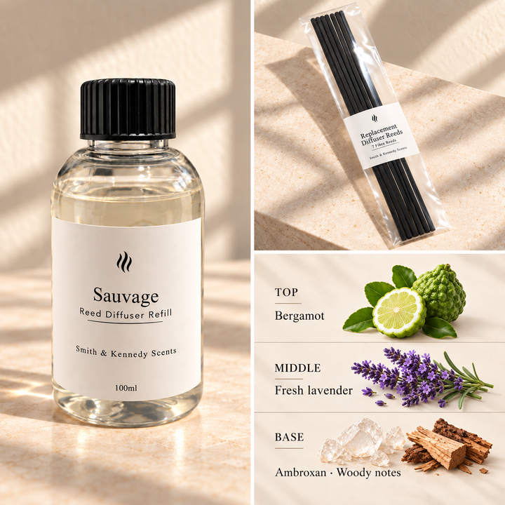 Sauvage 100ml reed diffuser refill bottle, included pack of 7 fibre reeds and fragrance notes