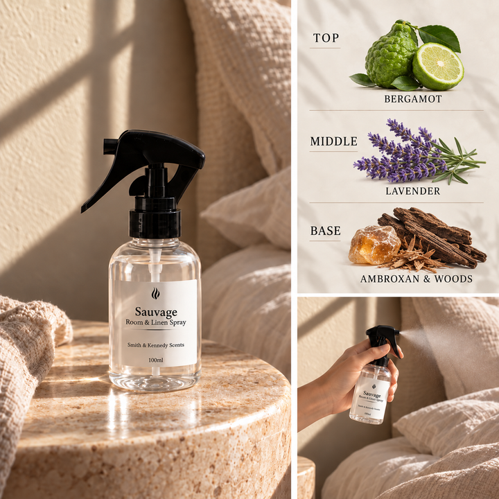 Sauvage Room &amp; Linen Spray with bergamot, lavender, ambroxan and woods fragrance notes