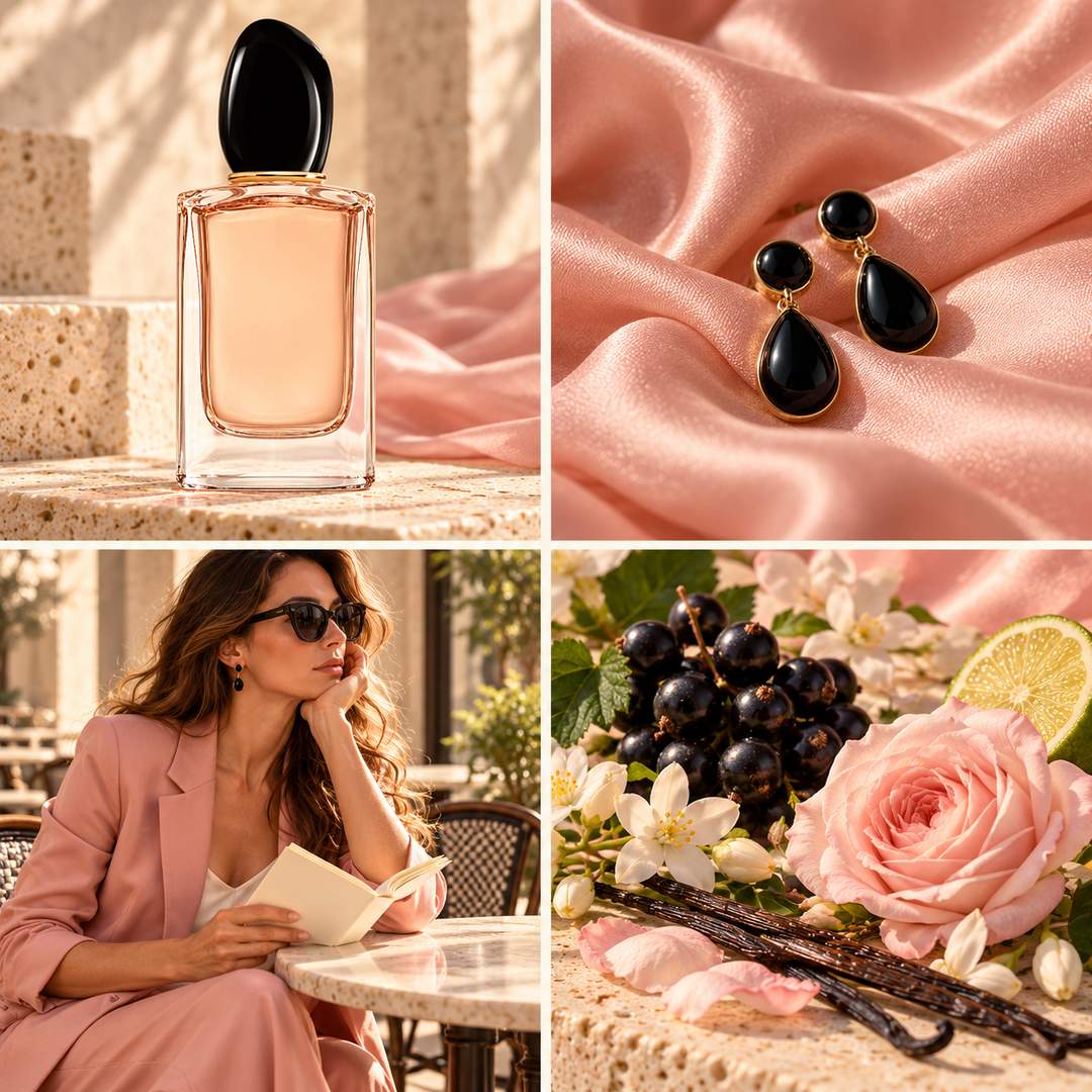 Four-panel mood board for Sii perfume-inspired wax melts: clear black-capped bottle, blush satin and onyx earrings, cafe tailoring and blackcurrant with rose.