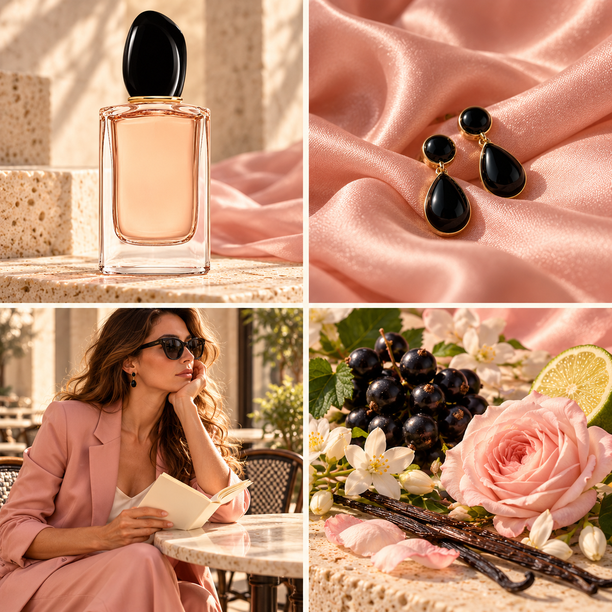 Four-panel mood board for Sii perfume-inspired wax melts: clear black-capped bottle, blush satin and onyx earrings, cafe tailoring and blackcurrant with rose.