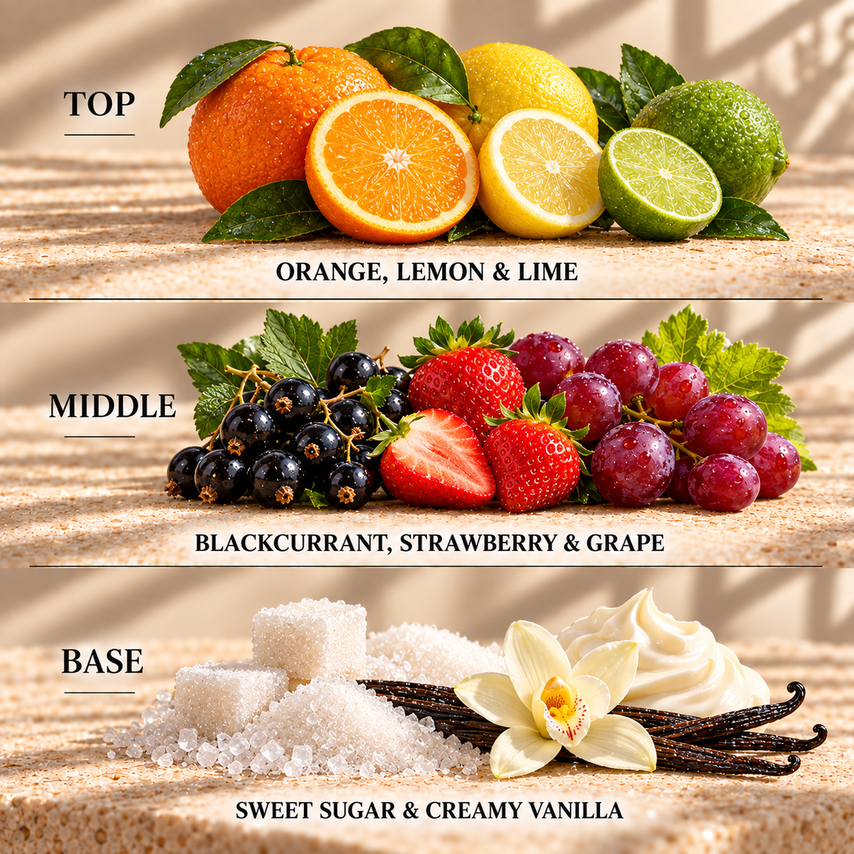Top, middle and base scent notes for Skittles sweet inspired wax melt by Smith & Kennedy Scents