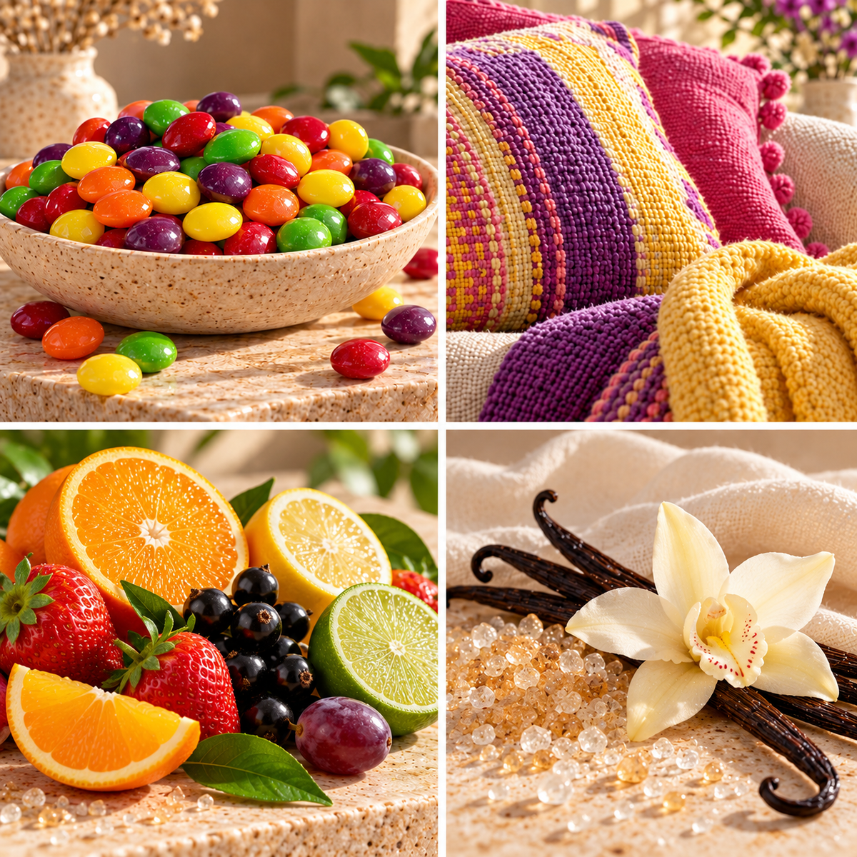 Skittles wax melt four-photo moodboard with colourful sweets, cosy striped textiles, citrus, berries and vanilla.