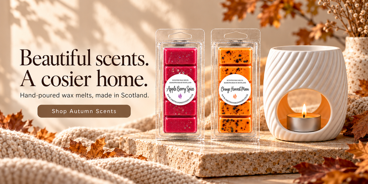 Beautiful scents. A cosier home. Shop Autumn Scents, featuring Apple Berry Spice and Orange Harvest Moon wax melts.