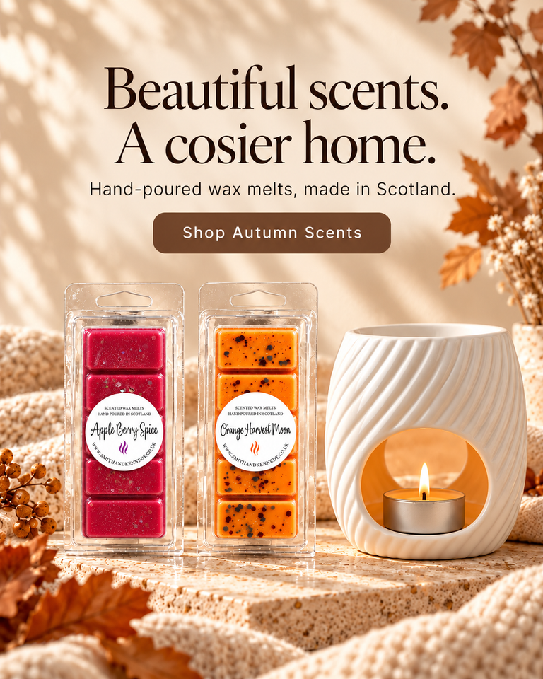 Beautiful scents. A cosier home. Shop Autumn Scents, featuring Apple Berry Spice and Orange Harvest Moon wax melts.