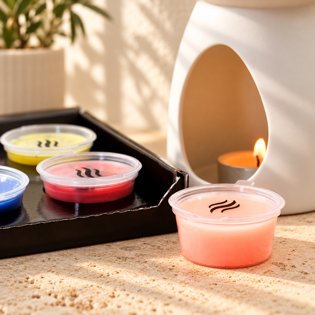 Close-up of a peach wax melt pod with clear flame-logo lid beside the black discovery box and white burner