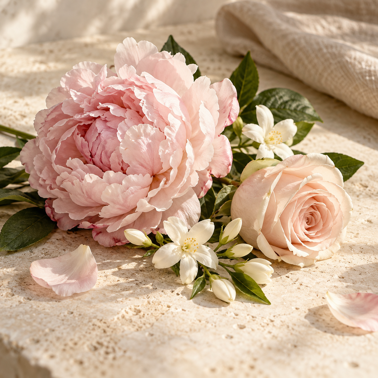 Blush peony, rose and white jasmine for the Floral fragrance collection at Smith & Kennedy Scents