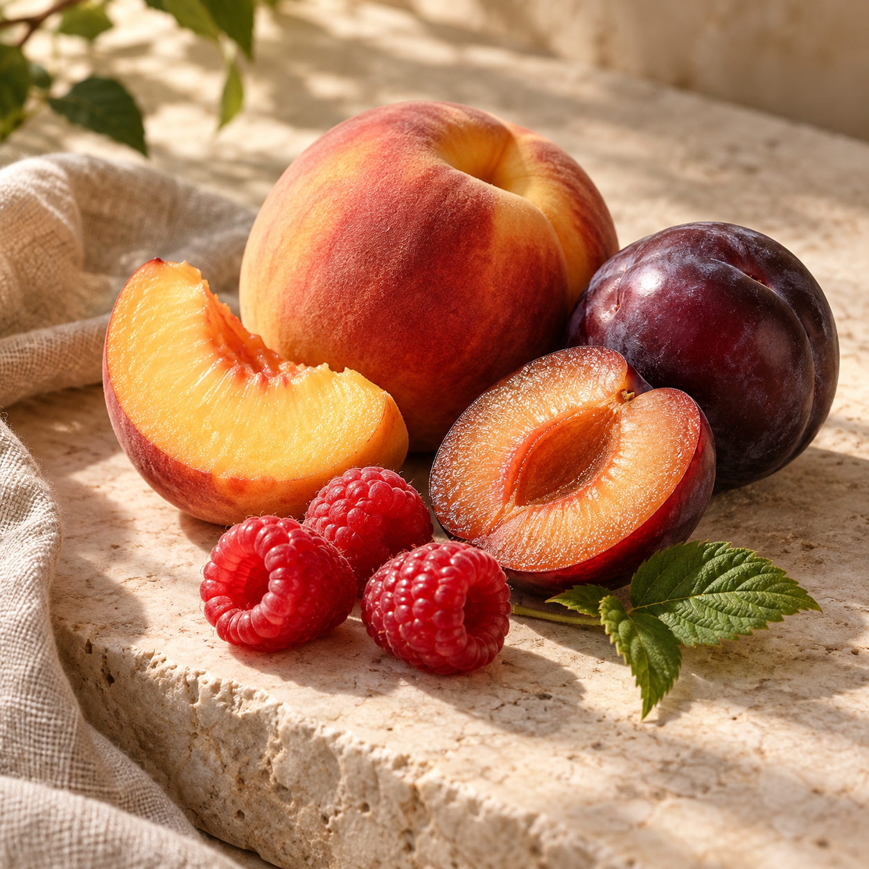 Ripe peach, plum and raspberries for the Fruity fragrance collection at Smith & Kennedy Scents
